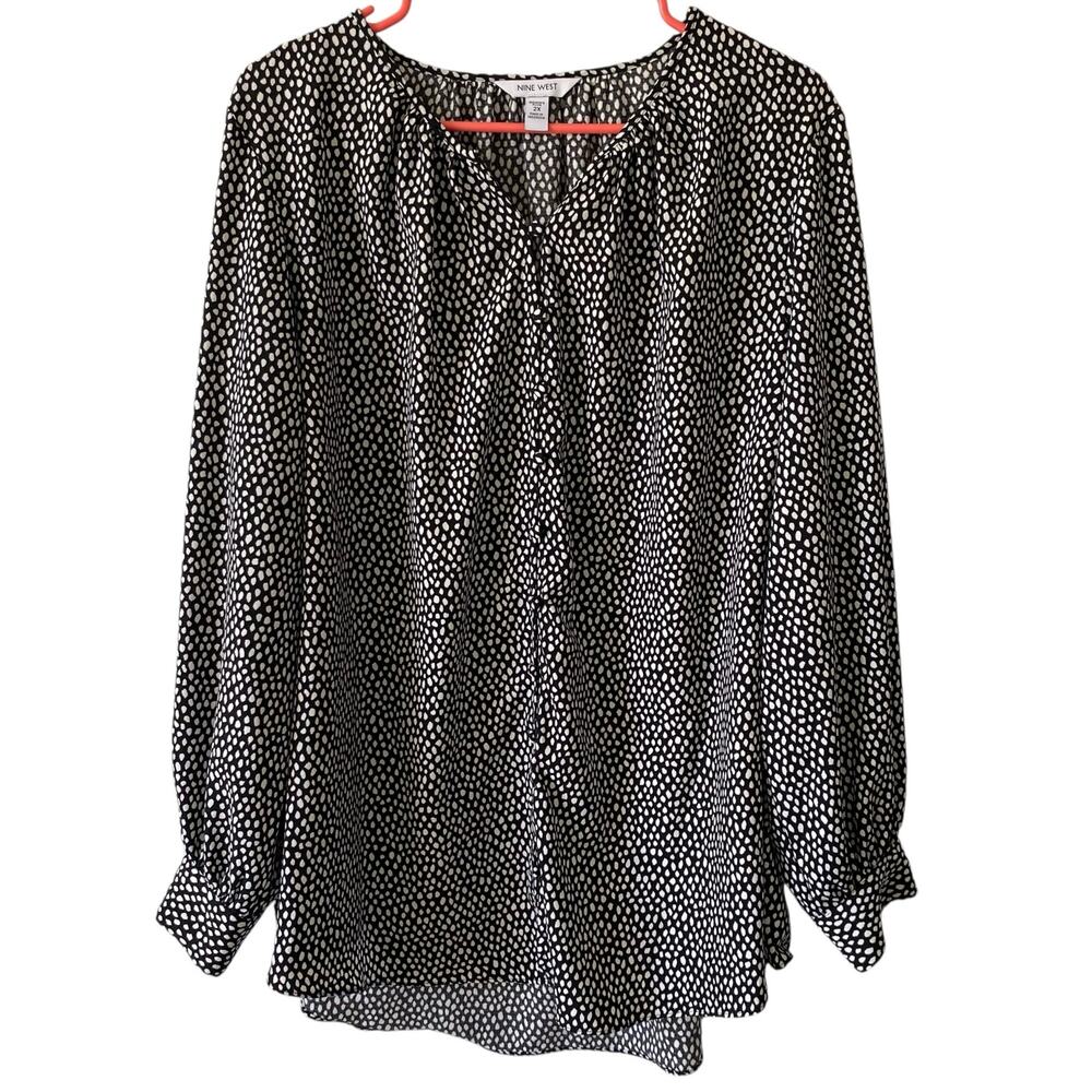 NINE WEST Button Down Long Sleeve Blouse Black White Size 2X Balloon Sleeve